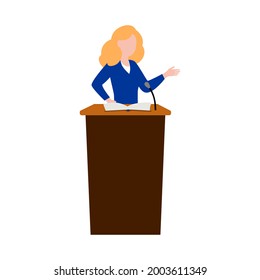 The speaker women is giving a speech on the podium. Icon for speaker, speech, education, business. Icon for business, education, speech application. Vector flat illustration, cartoon style.