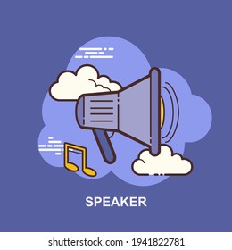 Speaker with yellow music note on purple background flat concept design
