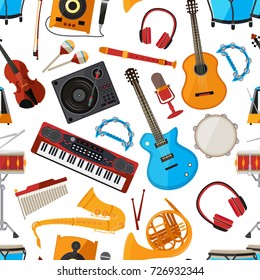 Speakers, amplifier, synthesizer and other music instruments and accessories. Vector seamless pattern with musical instrument, guita and microphone illustration