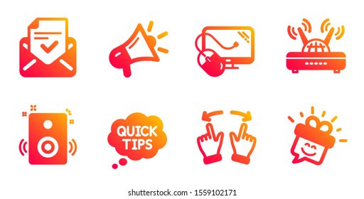 Speakers, Approved mail and Wifi line icons set. Megaphone, Move gesture and Quick tips signs. Computer mouse, Smile symbols. Sound, Confirmed document. Technology set. Vector