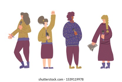 Speakers characters. Group of young various women standing with microphone. Orator speaking. Girls with mike in full length. Vector flat color illustartion.
