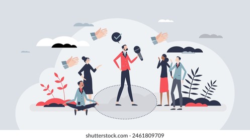 Speakers circle for speech practice and encouragement tiny person concept. Stage for public speaking in spotlight using safe environment vector illustration. Learning overcome fear or anxiety feeling