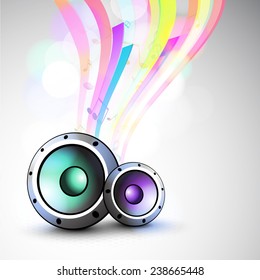 Speakers with colorful waves on stylish grey background.