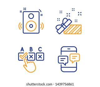 Speakers, Correct checkbox and Present icons simple set. Phone messages sign. Sound, Answer, Gift. Mobile chat. Business set. Linear speakers icon. Colorful design set. Vector