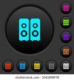 Speakers dark push buttons with vivid color icons on dark grey background