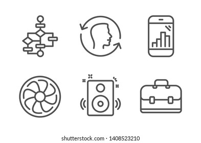 Speakers, Face id and Block diagram icons simple set. Fan engine, Graph phone and Portfolio signs. Sound, Identification system. Business set. Line speakers icon. Editable stroke. Vector