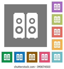 Speakers flat icon set on color square background.