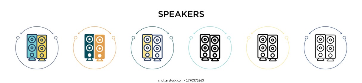 Icono de altavoces con estilo relleno, delgado, de contorno y de trazo. Ilustración vectorial de dos altavoces coloreados y negros, los diseños de iconos vectoriales se pueden utilizar para móviles, ui, web