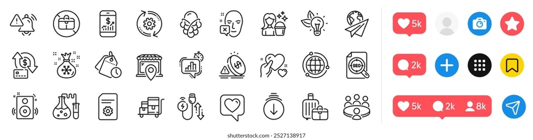 Speakers, Inventory cart and Money transfer line icons pack. Social media icons. Hold heart, Globe, Time management web icon. Heart, No handbag, Eco energy pictogram. Vector