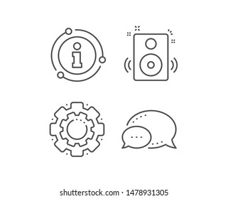 Speakers line icon. Chat bubble, info sign elements. Music sound sign. Musical device symbol. Linear speakers outline icon. Information bubble. Vector