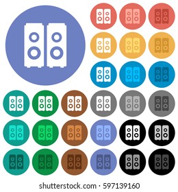 Speakers multi colored flat icons on round backgrounds. Included white, light and dark icon variations for hover and active status effects, and bonus shades on black backgounds.