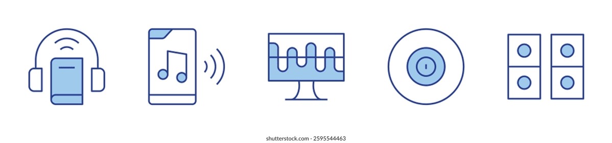 speakers, music player, audio book, additive synthesis, music and multimedia. Audio Icon vector illustration. Line Duotone style. Editable stroke.