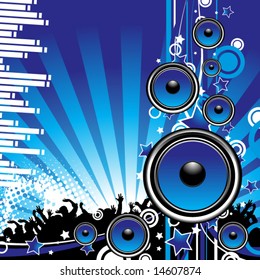 Speakers on blue grunge background