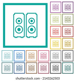 Speakers outline flat color icons with quadrant frames on white background