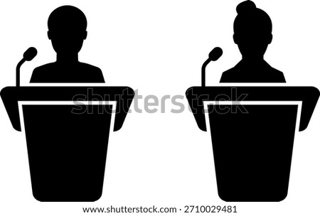 Speakers at podiums, public speaking and presentation icons silhouette. Conference icon. Seminar symbol. TV show hosts or judges. Vector
