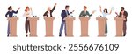 Speakers speak from stands. Political debate discussions. Presidential candidates with programs. People standing at tribunes. Election campaign. Politician speech. Garish