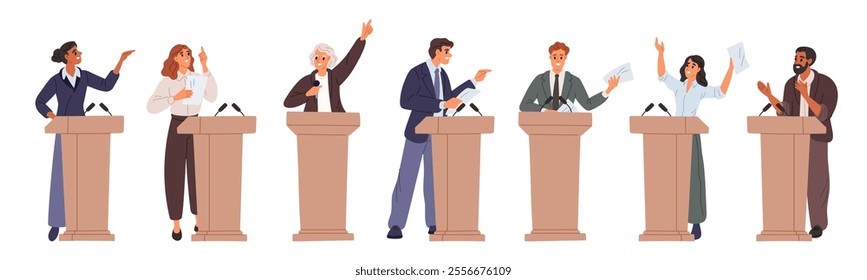 Speakers speak from stands. Political debate discussions. Presidential candidates with programs. People standing at tribunes. Election campaign. Politician speech. Garish