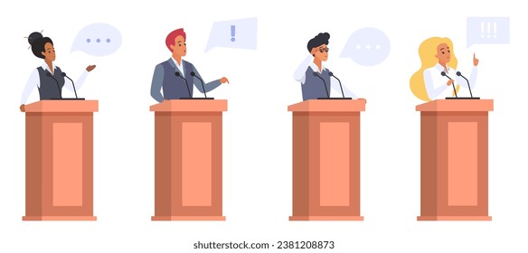 Speakers speaking behind podiums with microphones set vector illustration. Cartoon isolated public person and politicians speak, punctuation marks, questions and exclamations in speech bubbles