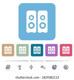 Speakers white flat icons on color rounded square backgrounds. 6 bonus icons included