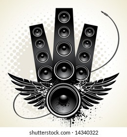 Speakers with wings and wire on grunge background