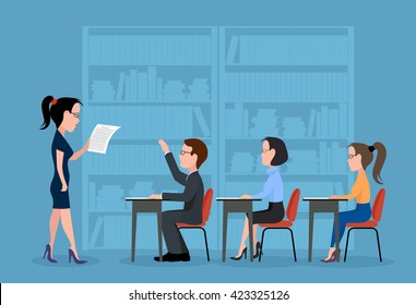 Speaking to the audience. A group of students. A training seminar. Flat style