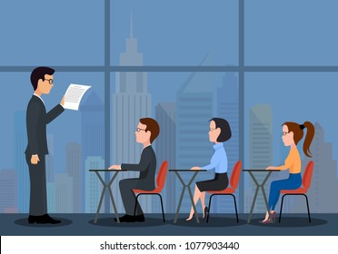 Speaking to the audience.A group of students. A training seminar . Flat style.