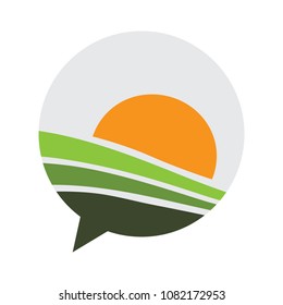 speaking bubble with green fields and yellow sun,agriculture related blog icon