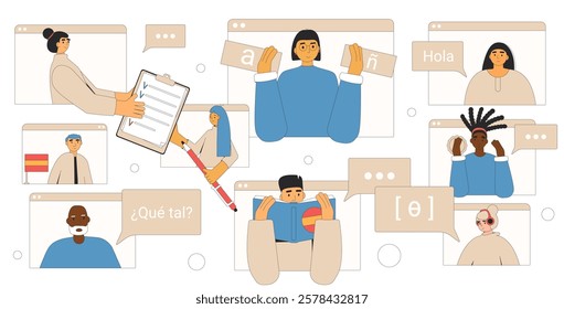 Speaking club. Learning spanish language group online. Teacher with adult students prepare for exam and training pronunciation skills of foreign language isolated Vector illustration.