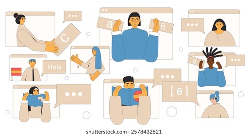 Speaking club. Learning spanish language group online. Teacher with adult students prepare for exam and training pronunciation skills of foreign language isolated Vector illustration.