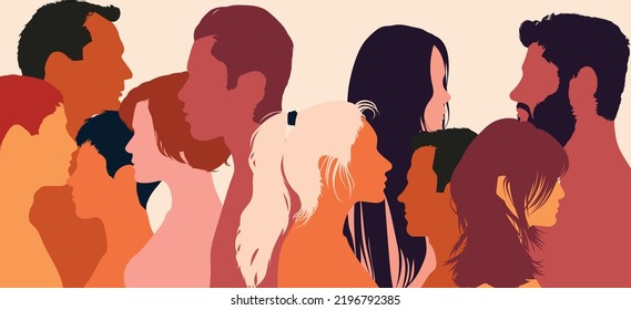 Speaking and communicating. Multi-ethnic people. Small group discussion. Talking crowd. Cartoon profiles. Many people speaking. Multi-ethnic people.