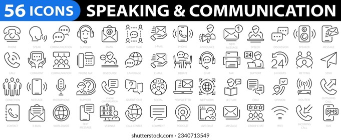 Juego de iconos de habla y comunicación 56. Chat, burbuja de habla, hablar, apuntar, chat, soporte, mensaje, teléfono, globo, llamada, consulta y conversación. Ilustración del vector