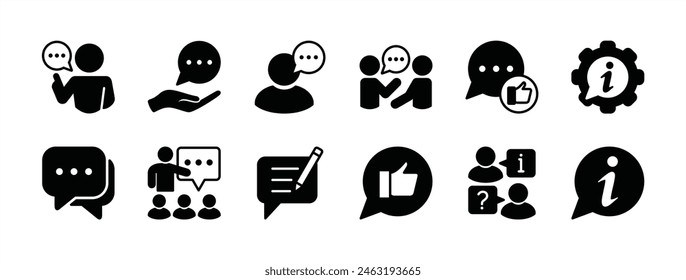 Speaking and communication icon set. Containing advice, discussion, speech bubble, conversation, talking, question and answer, opinion, message, feedback, information. Vector illustration