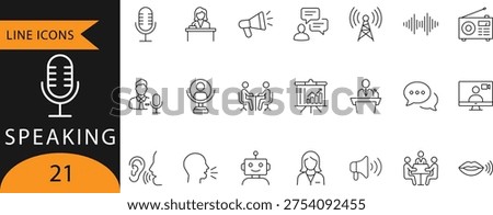 Speaking and Communication Line Icons: Public Speaking, Broadcasting, and Presentation Set.
