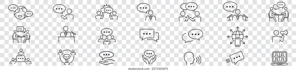 Conversación, comunicación, burbuja de voz, conversación, consulta, conversación y conjunto de iconos de discusión.
