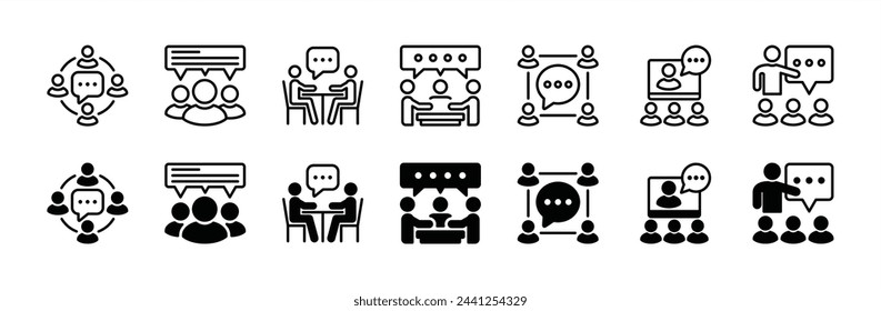 Speaking or communication thin line icon set. Containing group, chat speech bubble, meeting, discussion, conversation, talking, online video conference. Vector illustration