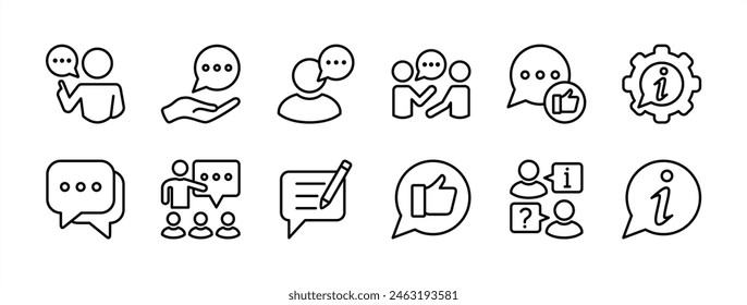 Speaking and communication thin line icon set. Containing advice, discussion, speech bubble, conversation, talking, question and answer, opinion, message, feedback, information. Vector illustration