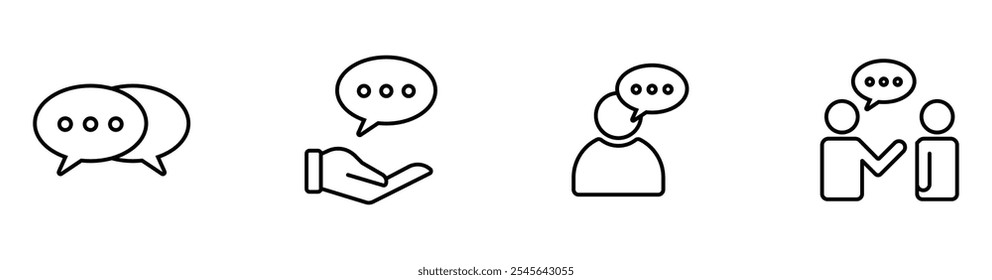 Conjunto de ícones de linha fina de Fala e Comunicação. Contendo conselho, conversa, balão de fala, sugestão, conversa, consulta e discussão. Ilustração vetorial