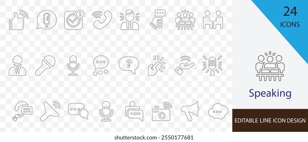 Speaking editable outline  icon set. containing discourse, group talk,  opinion, debate, chat, speech ,  remark, comment and more stroke art 