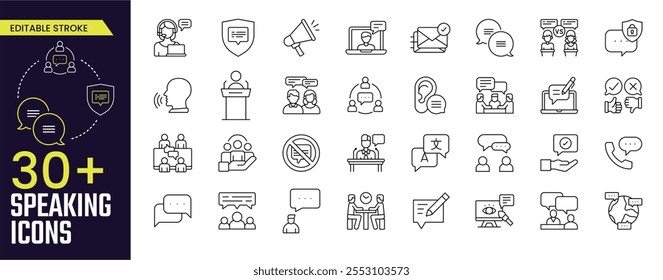 Speaking Editable stroke icon collections. Containing speaking, dialogue, human, man, community, communication, training, meeting, chat, and voice icons. Editable Stroke icon collection Outline icon