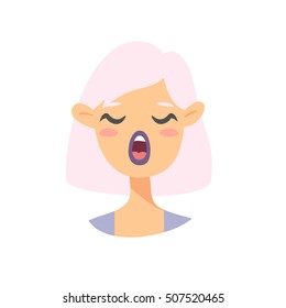 Speaking Emoji character. Cartoon style emotion icon. Isolated holopunk girl avatar with pink hair and singing facial expressions. Flat illustration women's emotional face. Hand drawn vector emoticon