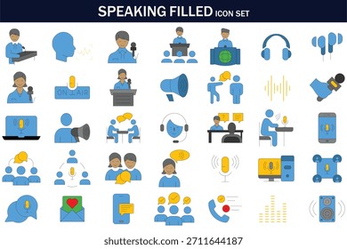 Conjunto de iconos con micrófonos, altavoces, conversaciones, transmisiones, símbolos de comunicación, podcasting, anuncios, Asistencia al cliente, interacción de audio y oratoria.