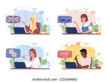 Speaking foreign language fluently 2D vector isolated illustration set. Flat characters on cartoon background. Colourful scene collection for mobile, website. Patrick Hand, KozGoPr6N fonts used