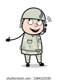 Speaking with Friends on Call - Cute Army Man Cartoon Soldier Vector Illustration