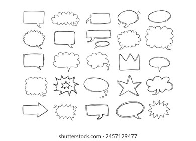  Speaking hand drawn doodle bubbles set. Talk clouds sketch frames. Speech thought Balloon shapes. Vector illustration