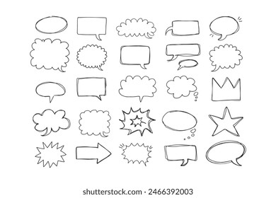  Juego de burbujas de garabatos dibujados a mano. Las nubes de charla dibujan marcos. El habla pensó Formas de globo. Ilustración vectorial