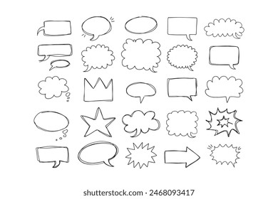  Speaking hand drawn doodle bubbles set. Talk clouds sketch frames. Speech thought Balloon shapes. Vector illustration