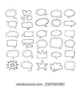  Speaking hand drawn doodle bubbles set. Talk clouds sketch frames. Speech thought Balloon shapes. Vector illustration