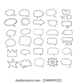  Hablando a mano dibujado doodle burbujas conjunto. Nubes de conversación dibujan marcos. Speech pensó en Formas con globos. Ilustración vectorial