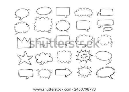  Speaking hand drawn doodle bubbles set. Talk clouds sketch frames. Speech thought Balloon shapes. Vector illustration
