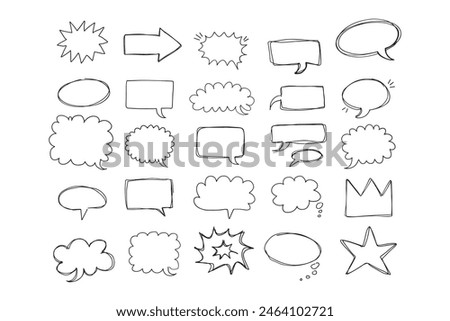  Speaking hand drawn doodle bubbles set. Talk clouds sketch frames. Speech thought Balloon shapes. Vector illustration
